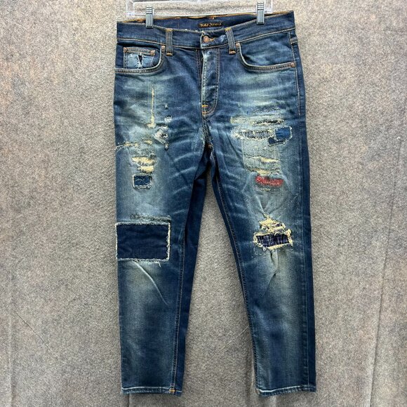 Nudie Jeans Mens 32x28 Patch Eddie II Tsuyoshi Limited Distressed Selvedge Blue - Picture 1 of 12